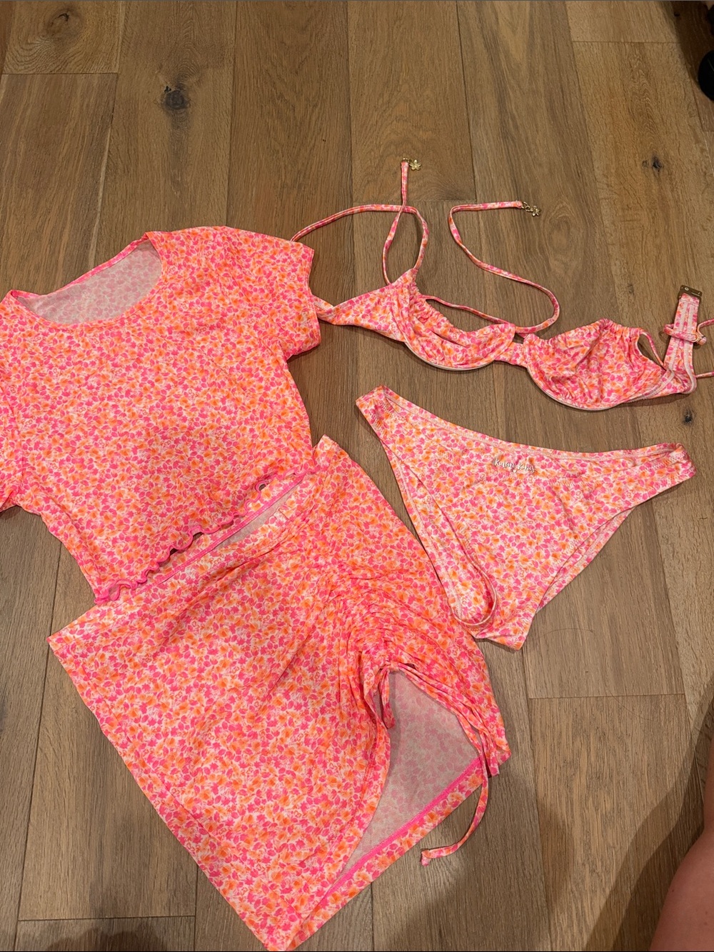 Kulani Kinis Pink & Orange Floral Bikini Set with Cover-Up